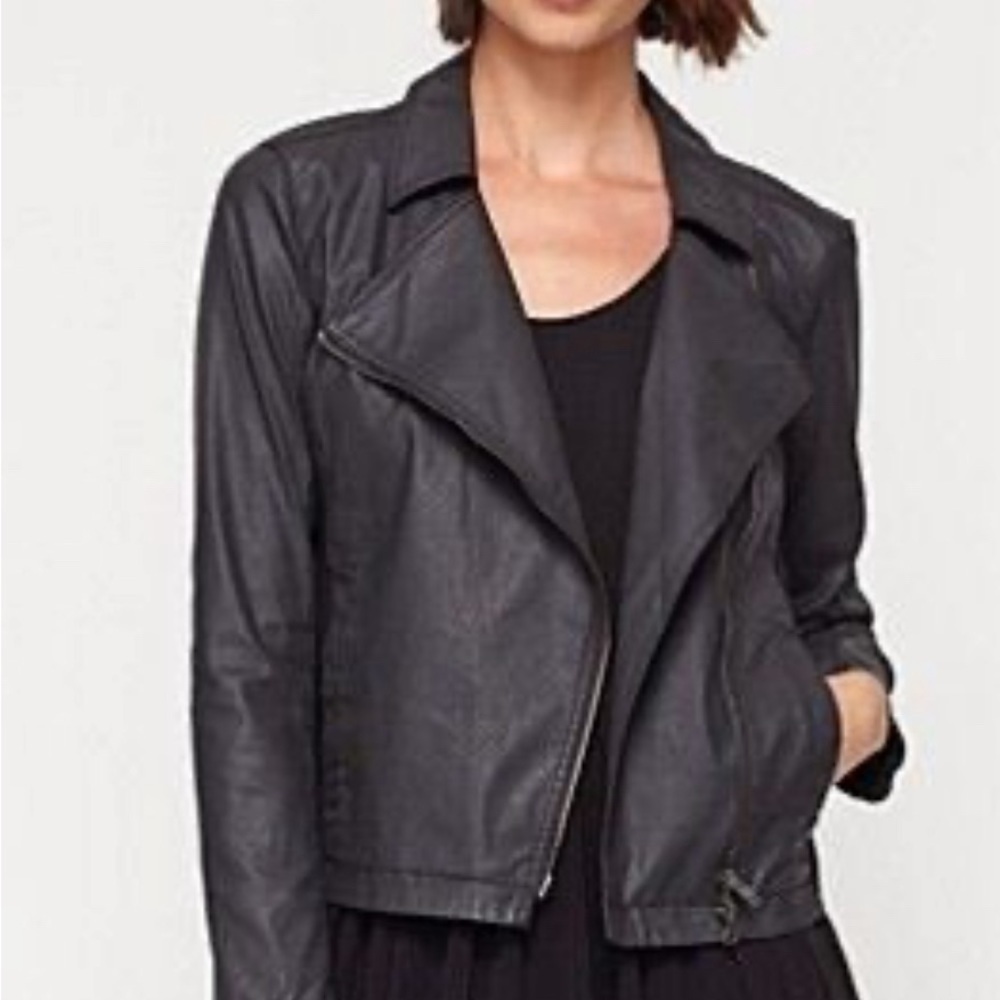EILLEN FISHER WAXED MOTO STYLE BLACK JACKET FAUX LEATHER XS